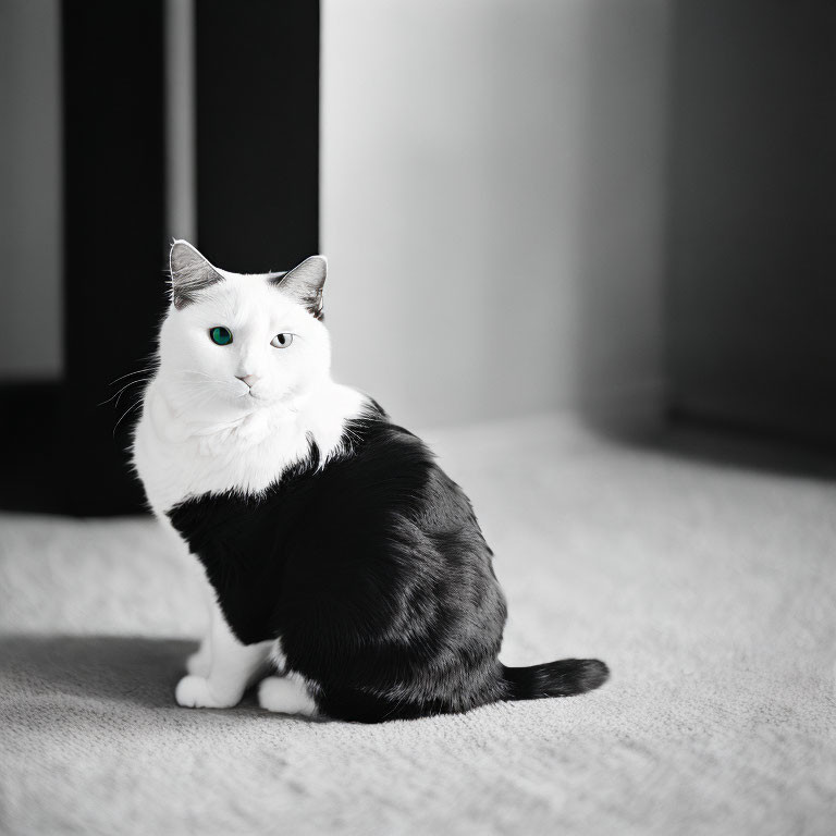 Striking-eyed black and white cat on carpet in softly lit room