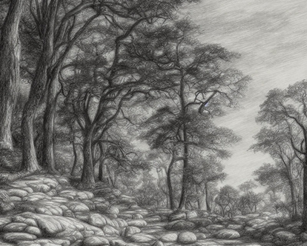 Detailed Pencil Sketch: Serene Forest Scene with Trees and Smooth Rocks