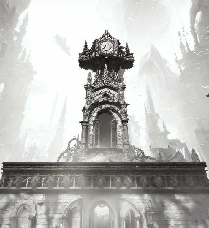 Gothic clock tower in foggy setting with ornate architecture