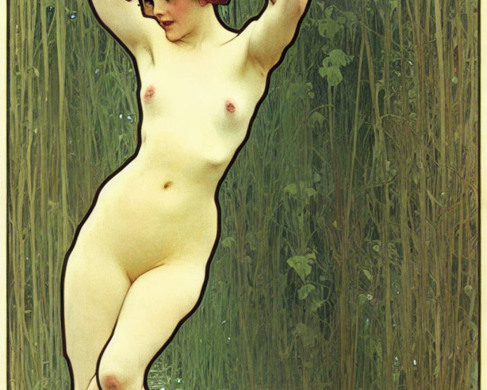 Art Nouveau style nude female figure in pond with red hair and green reeds