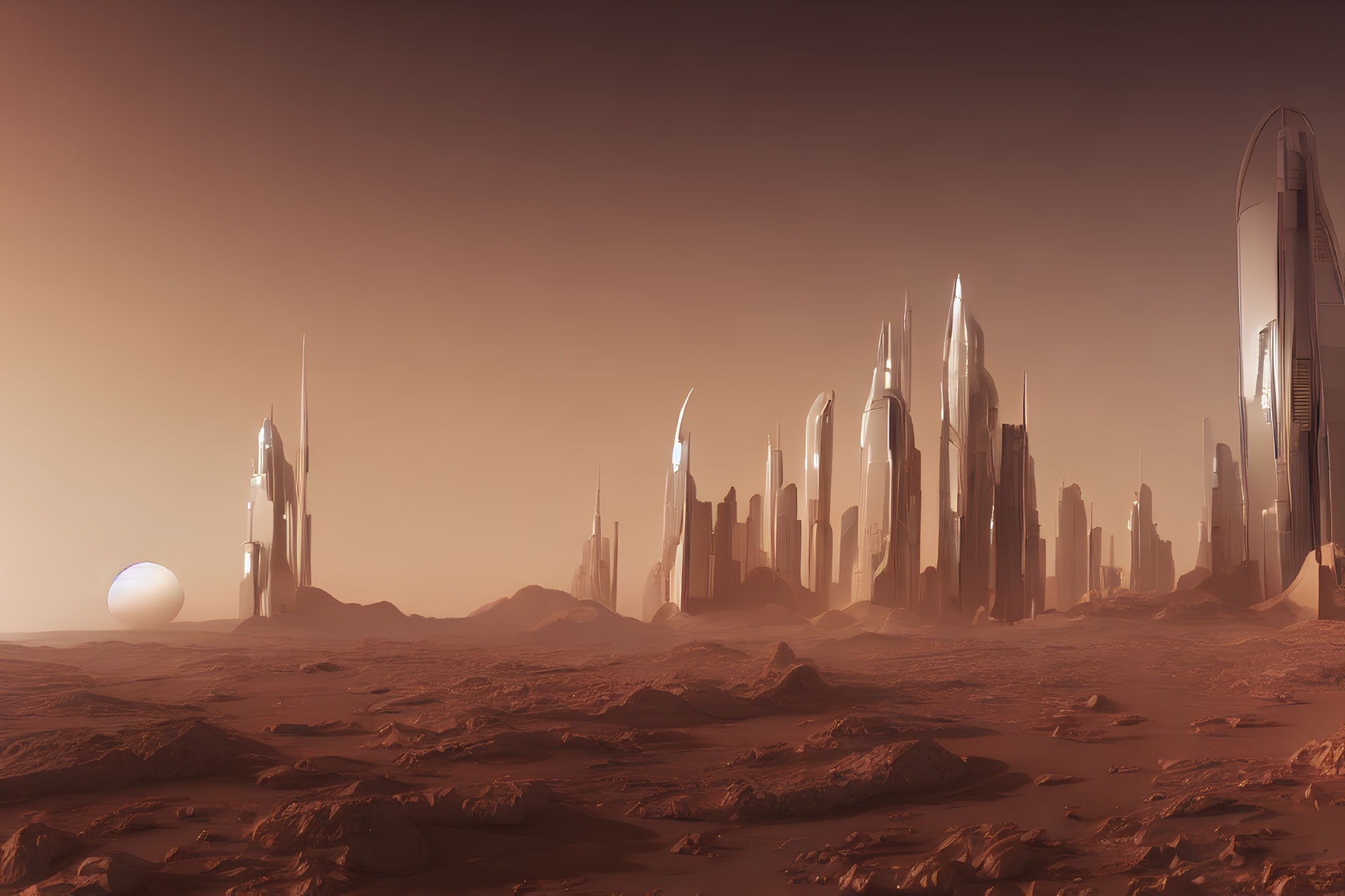 Futuristic cityscape on red barren planet with distant planet view