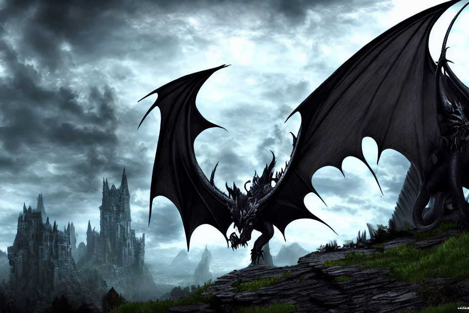 Black dragon with expansive wings on rocky hill with gothic castle and gloomy sky.