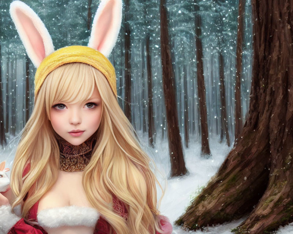 Blond-haired person in bunny ears holding figurine in snowy forest