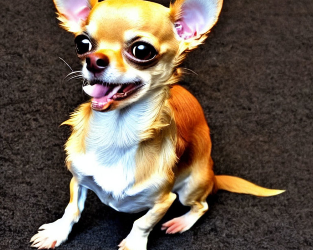 Alert Chihuahua with shiny tan coat on dark carpet