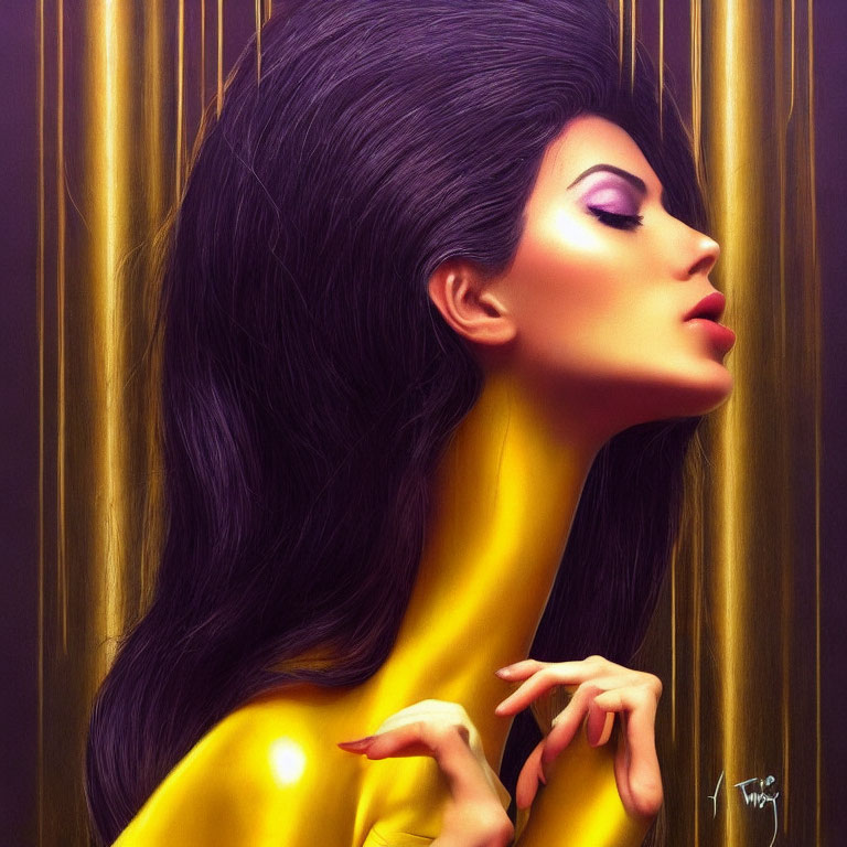 Colorful illustration of woman with purple eyeshadow and yellow attire on golden background