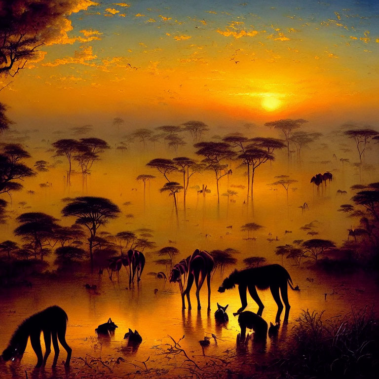 African savanna sunrise with elephants and hyenas in vibrant colors