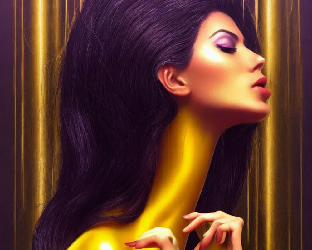 Colorful illustration of woman with purple eyeshadow and yellow attire on golden background