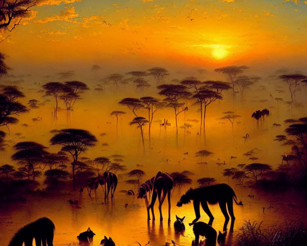 African savanna sunrise with elephants and hyenas in vibrant colors