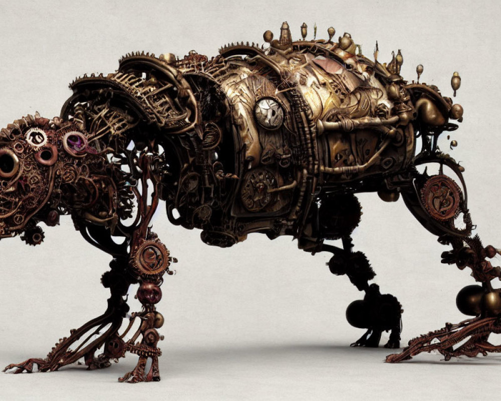 Intricate steampunk mechanical sculpture of four-legged beast