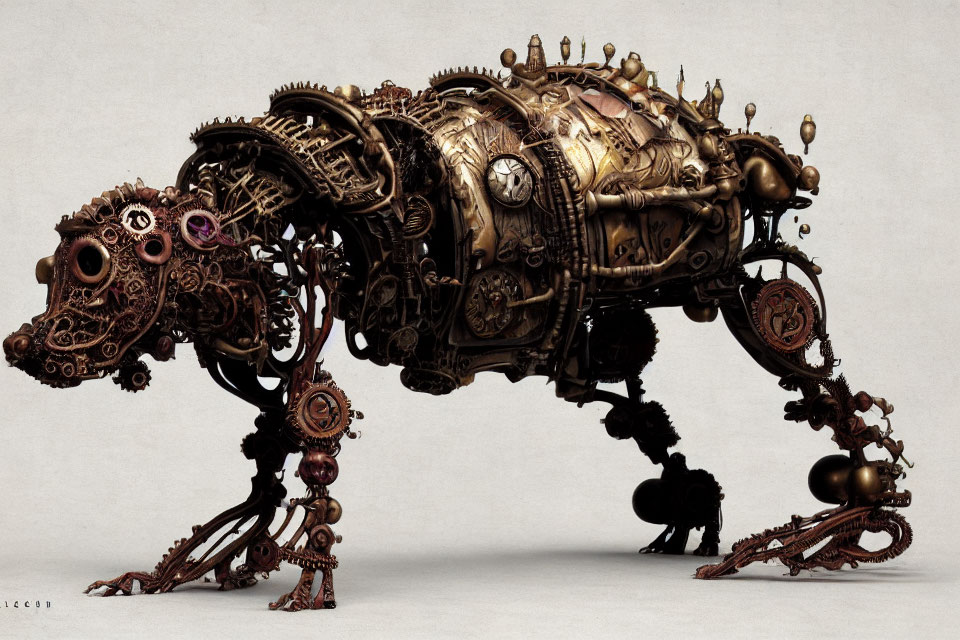 Intricate steampunk mechanical sculpture of four-legged beast
