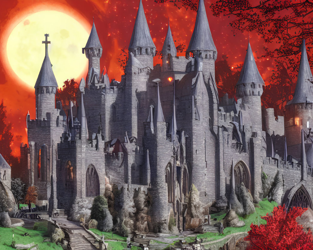 Medieval castle with spires under full moon in red sky and autumn forest.