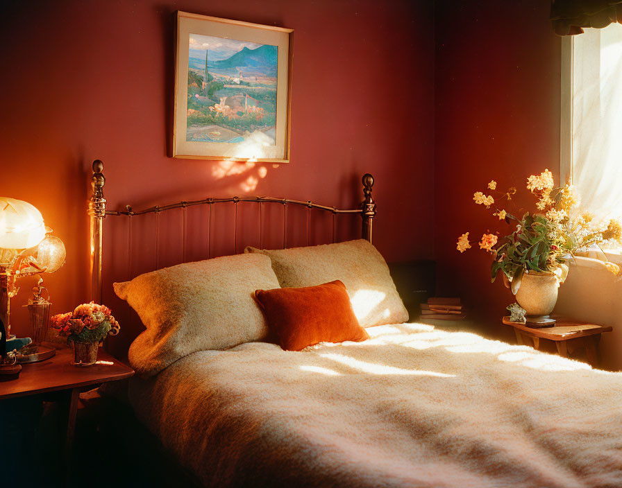 Warmly lit bedroom with fluffy pillows, landscape painting, lamp, and flowers.