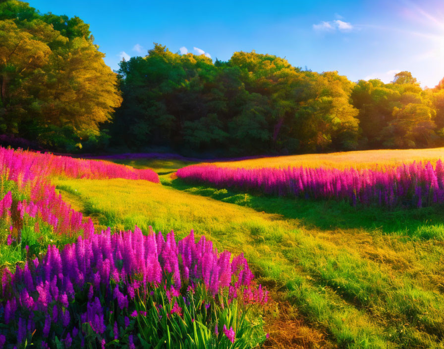 Scenic landscape with purple flowers and green trees