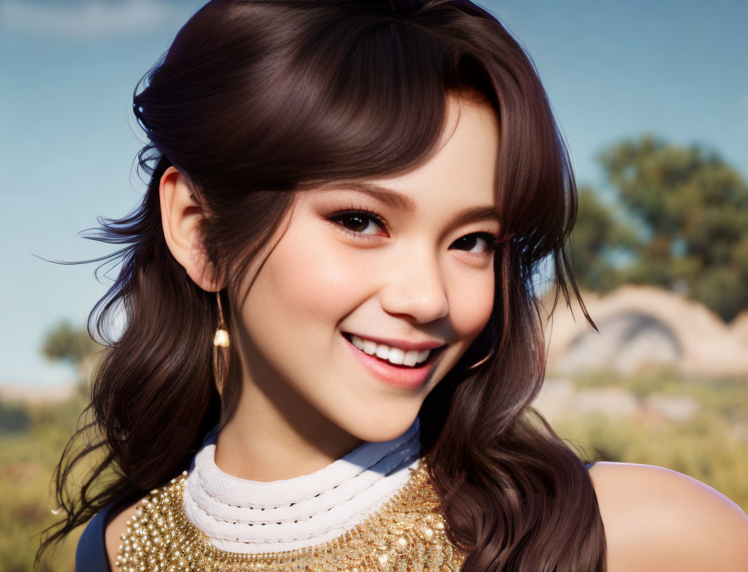 Smiling young woman with subtle makeup, earrings, and gold top outdoors