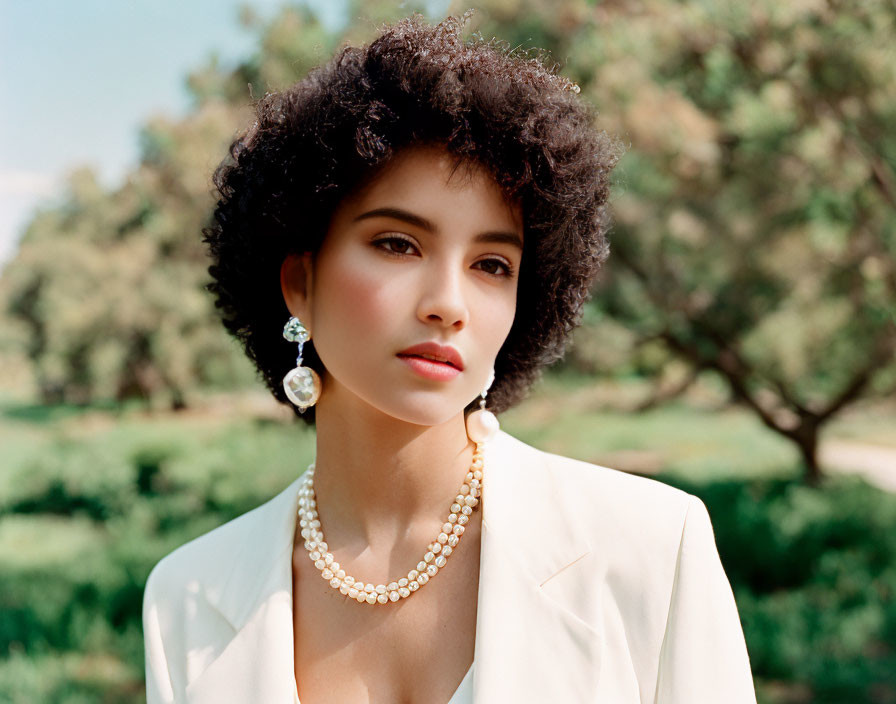 Curly-Haired Woman in White Blazer with Pearl Jewelry