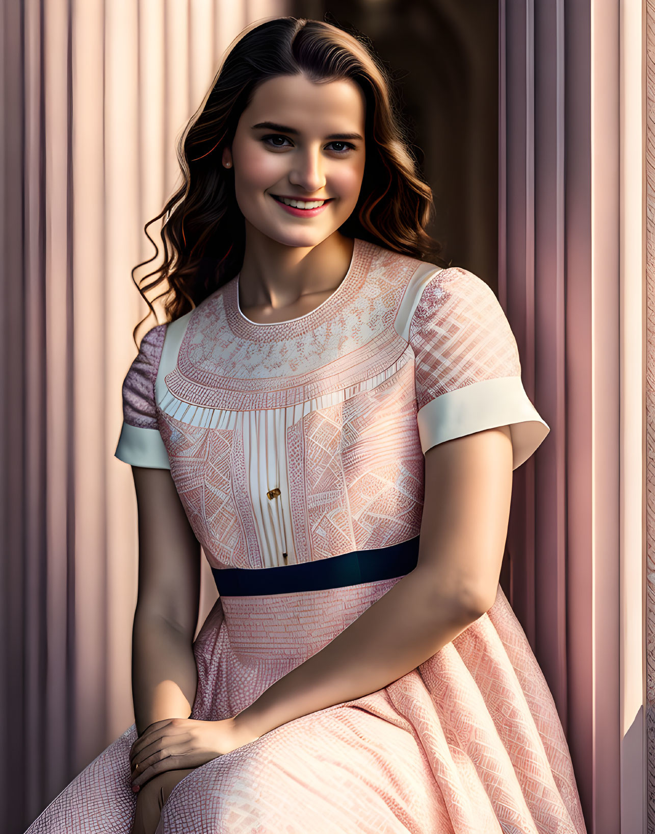 Curly-Haired Woman in Pink Dress by Curtain in Soft Lighting