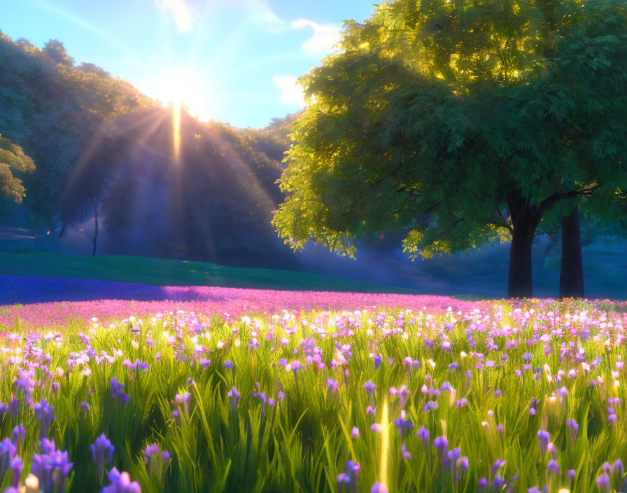 Sunlight on Purple Flowers in Lush Green Field