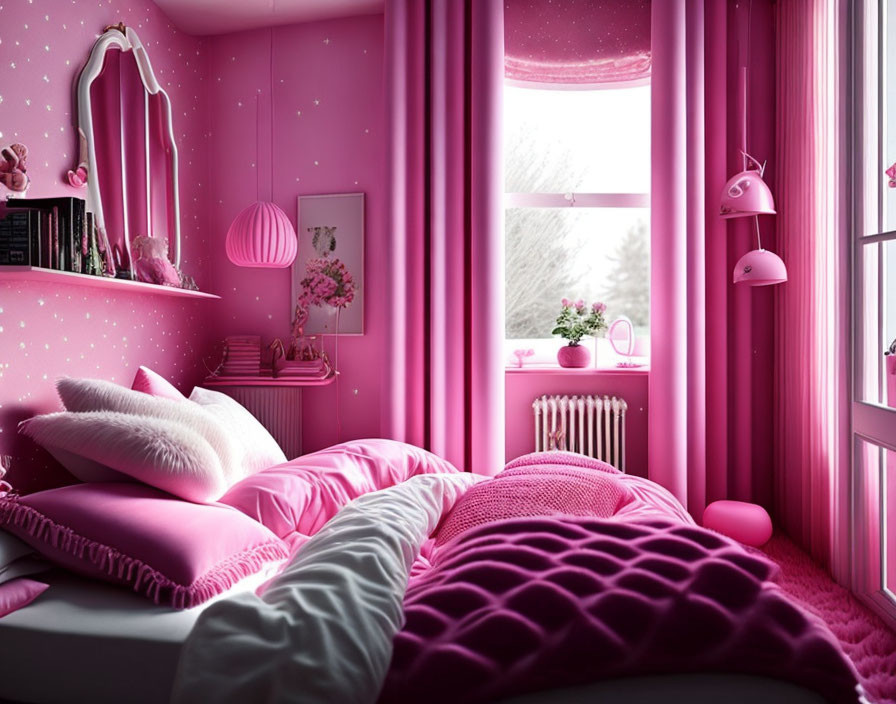 Vibrant Pink Bedroom with Plush Bedding and Snowy Landscape View