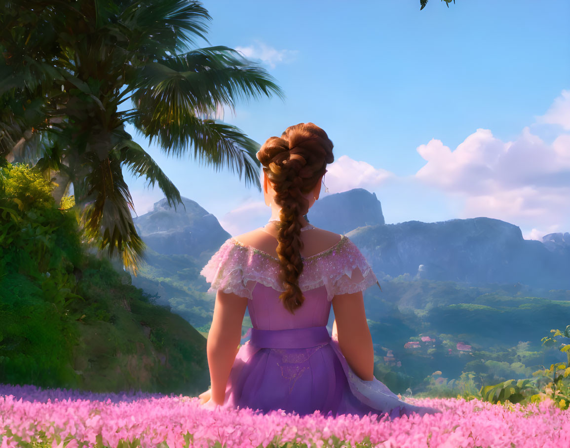 Woman with braided updo in pink flower field gazing at scenic landscape