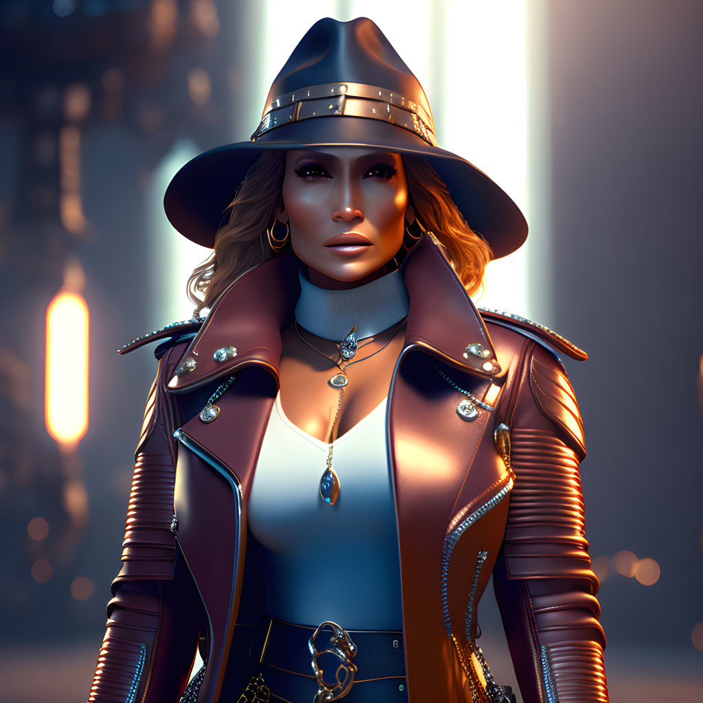 Futuristic 3D illustration of stylish female character in leather outfit