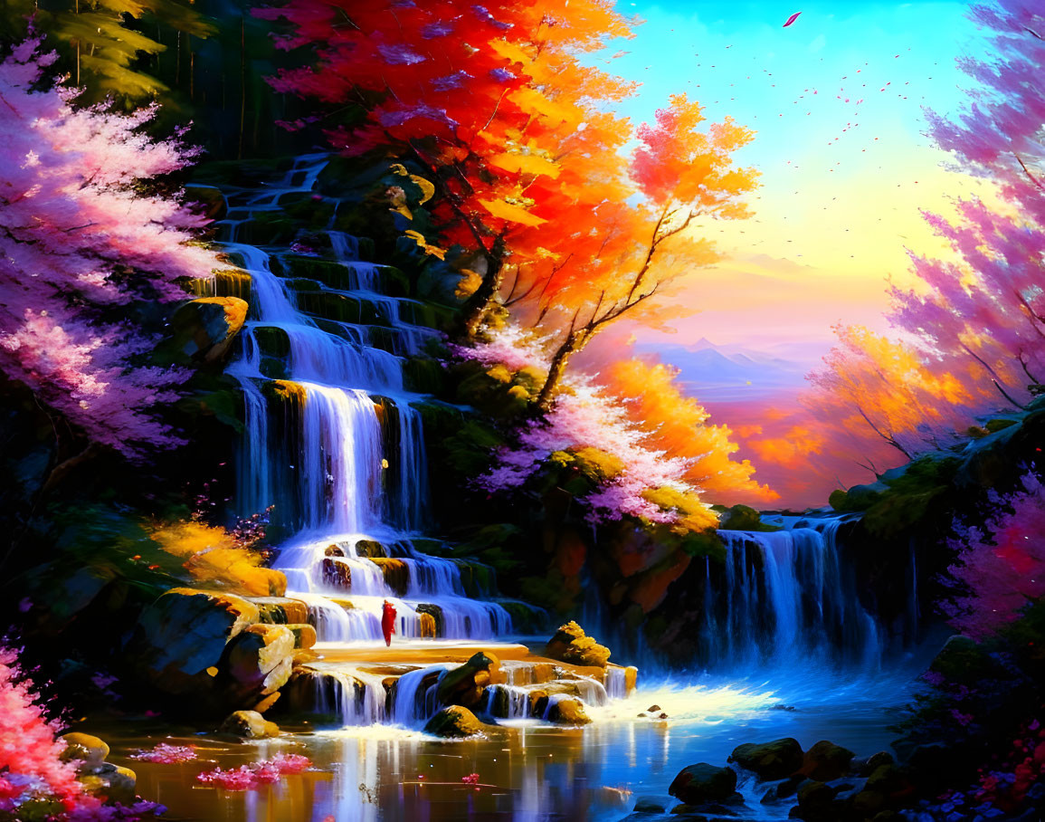 Colorful Autumn Waterfall Scene with Sunlight Reflections