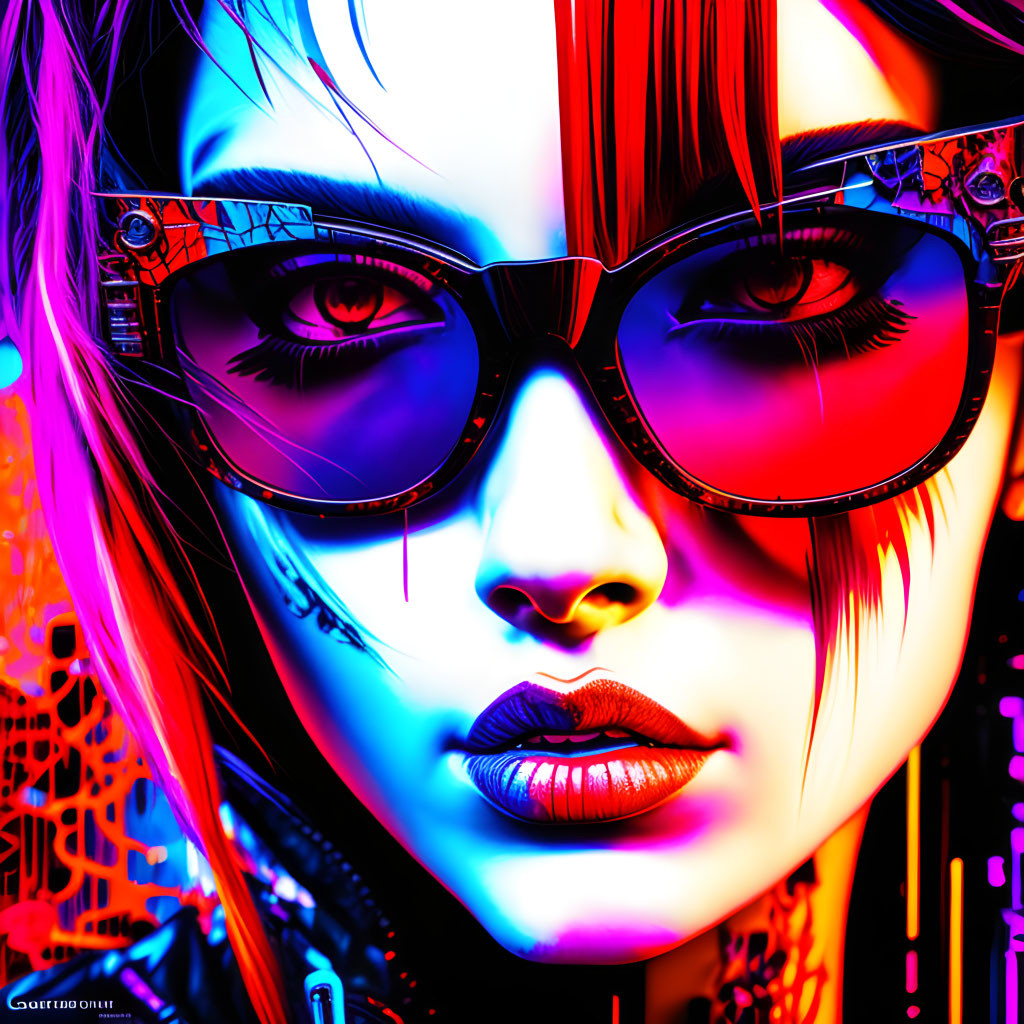 Colorful neon highlights on woman with cybernetic elements