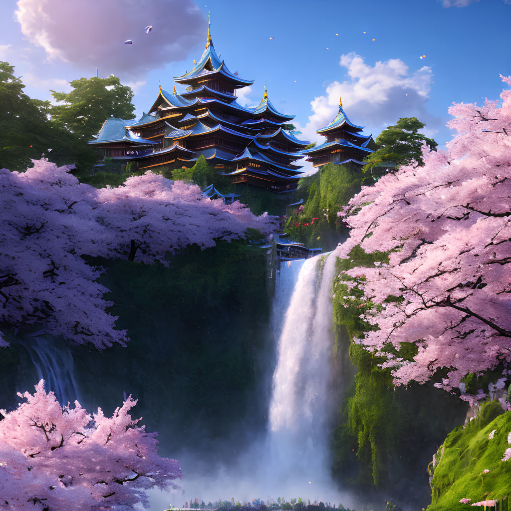 Fantasy landscape with pagoda, waterfall, cherry blossoms & floating petals