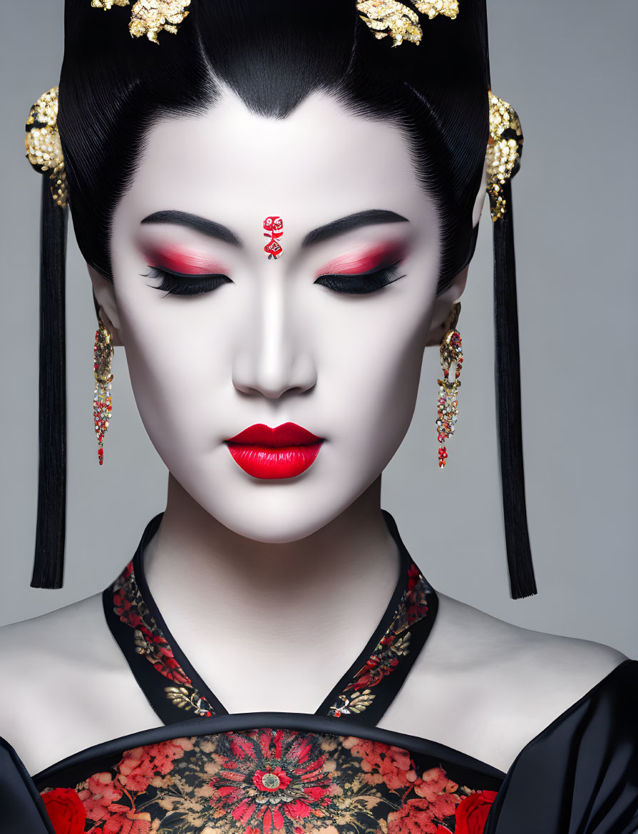 Traditional Asian makeup and elaborate hair ornaments on serene woman in floral attire