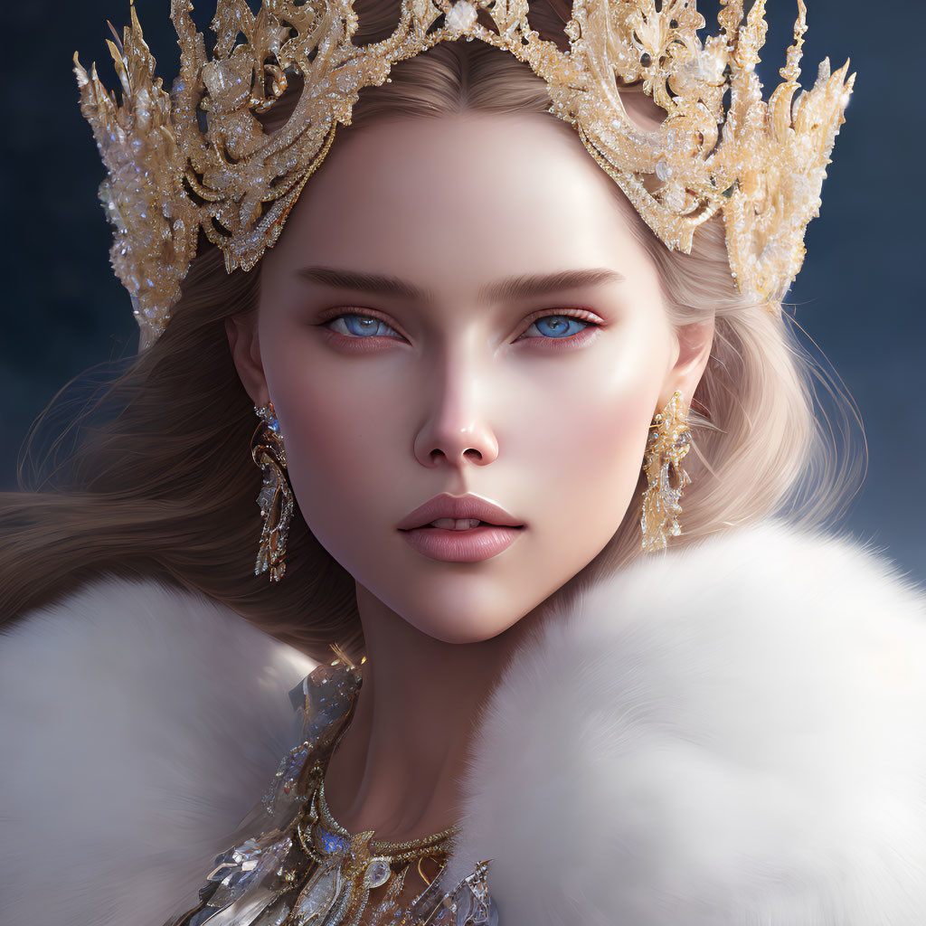 Regal woman with blue eyes in golden crown and fur cloak symbolizes elegance