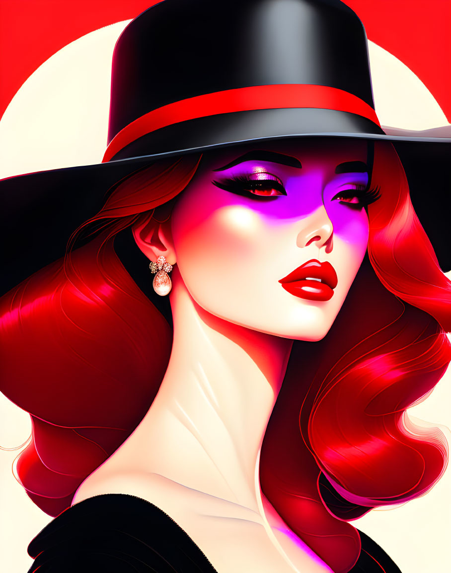 Illustration of woman with red hair, purple eyeshadow, red lips, black hat on red