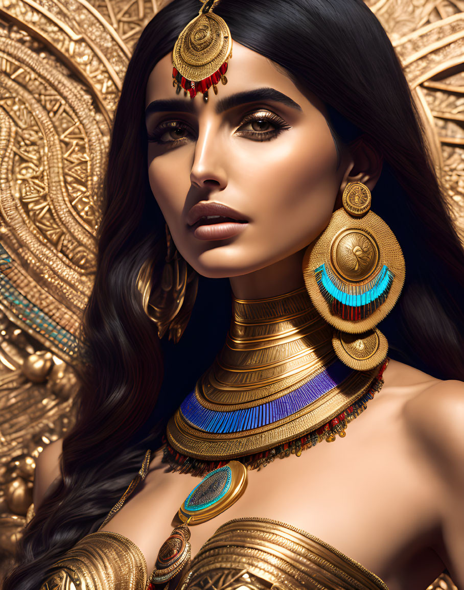 Elaborate Gold Jewelry on Woman Against Golden Background