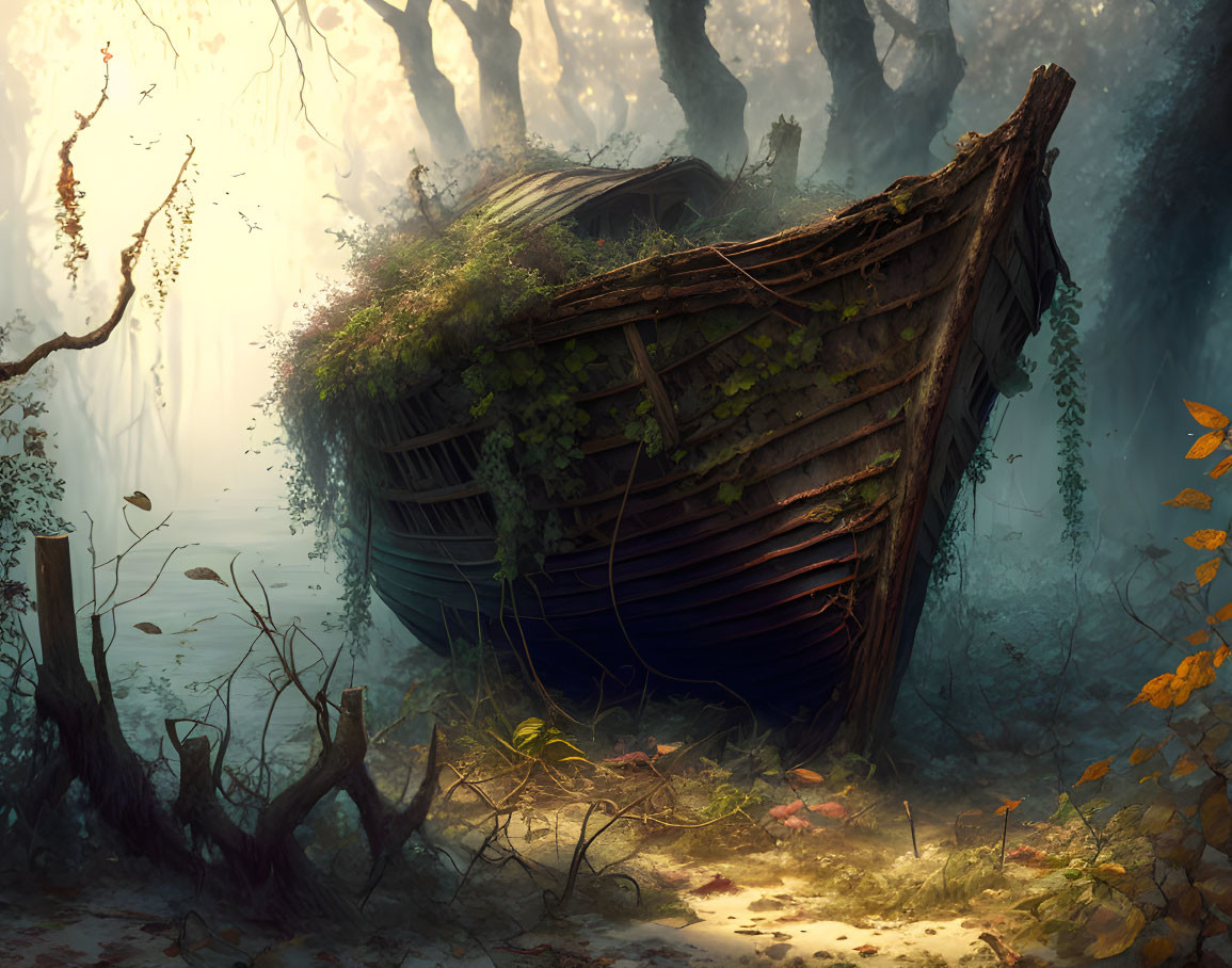 Wooden boat covered in plants in mystical forest with sunlight filtering