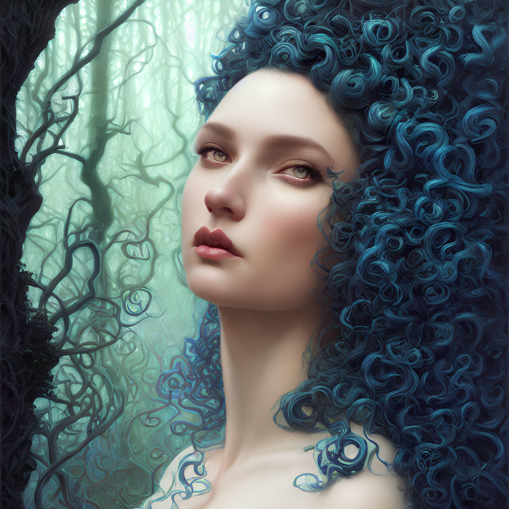 Portrait of woman with voluminous curly blue hair in misty forest