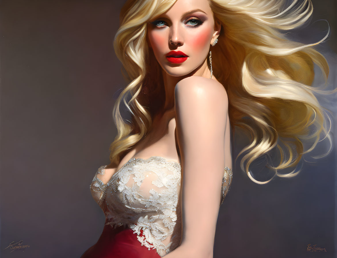 Digital artwork: Woman with flowing blonde hair, blue eyes, red lipstick, red & white lace gown