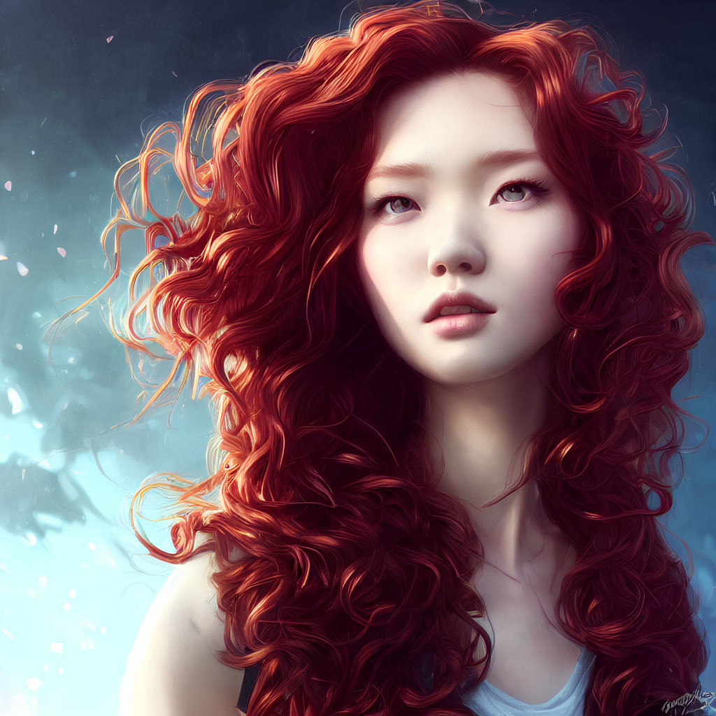 Digital illustration of woman with voluminous red hair and pale skin on soft blue background.