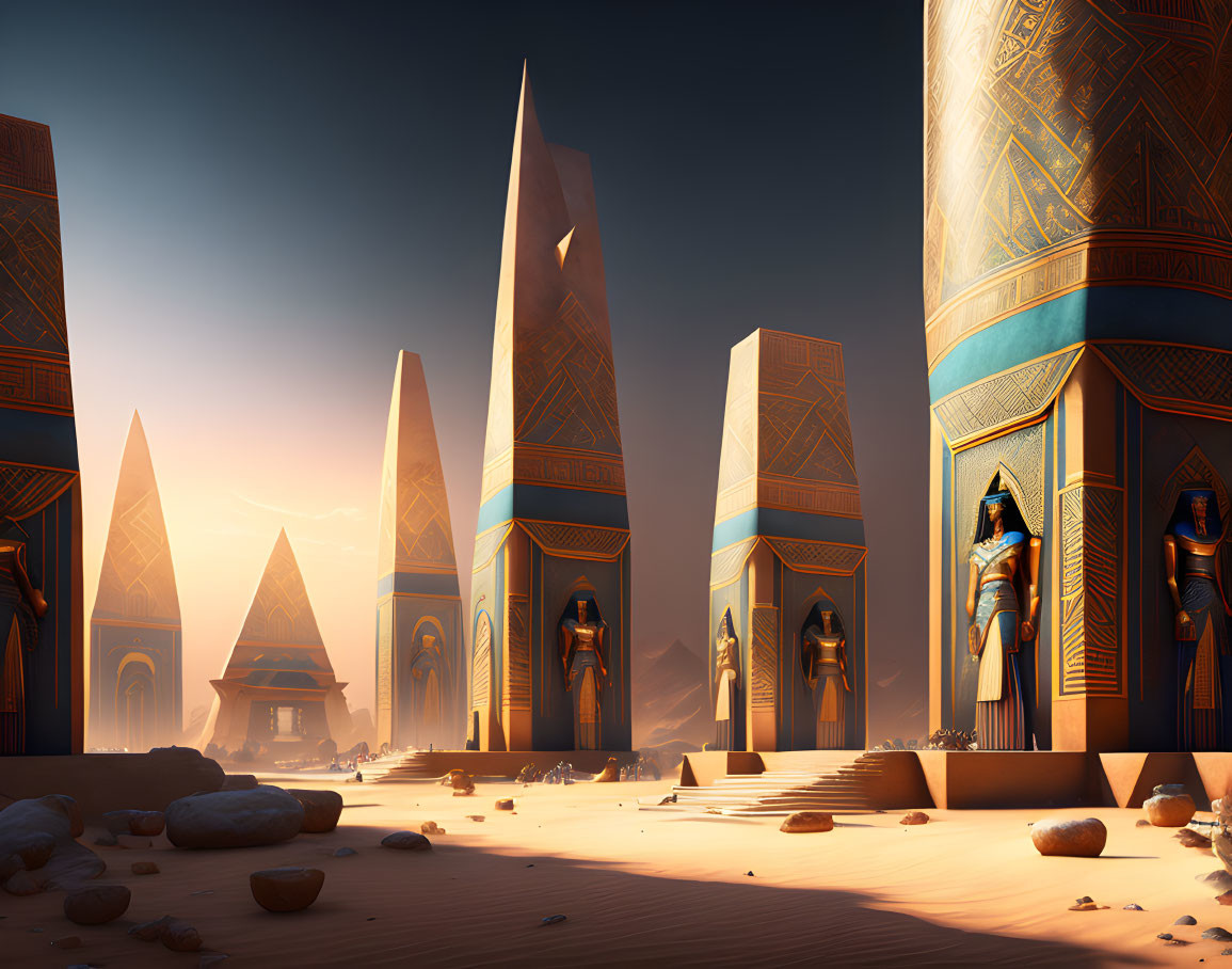 Ancient Egyptian-themed digital artwork with obelisks, statues, and hieroglyphic walls at