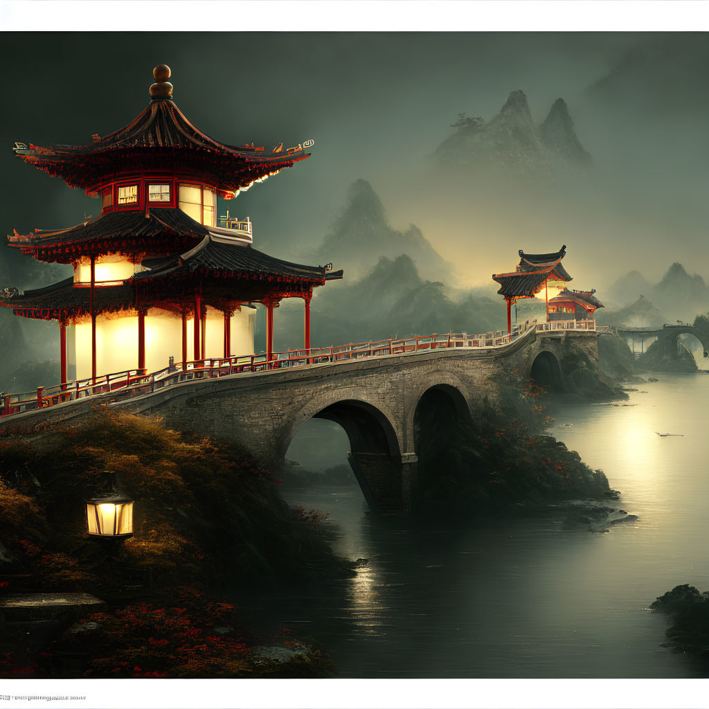 Traditional Chinese Pagoda and Bridge Over Calm River at Twilight