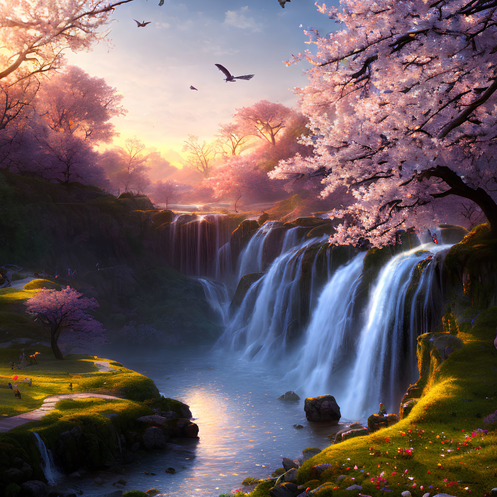 Tranquil cherry blossom cascade at sunset