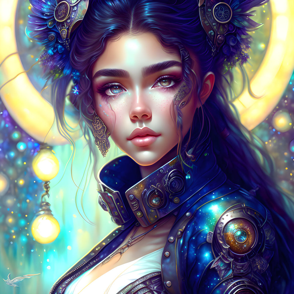 Detailed futuristic armor adorns woman in digital artwork