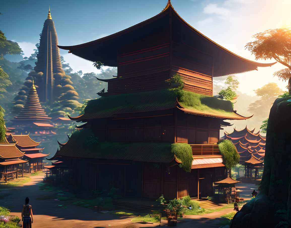 Traditional East Asian Pagoda Buildings in Lush Greenery at Sunrise or Sunset