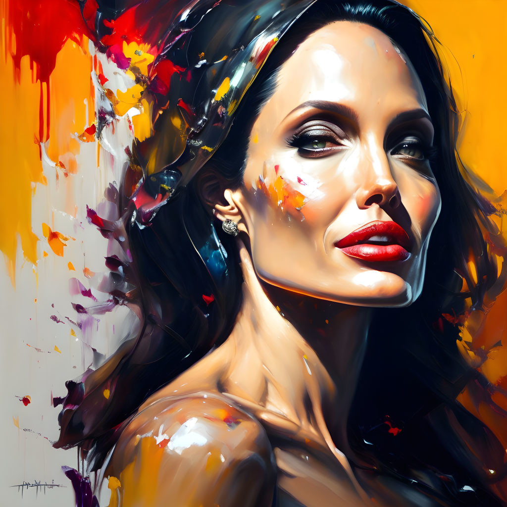 Colorful portrait of a woman with striking features against yellow and red hues and intentional paint smears