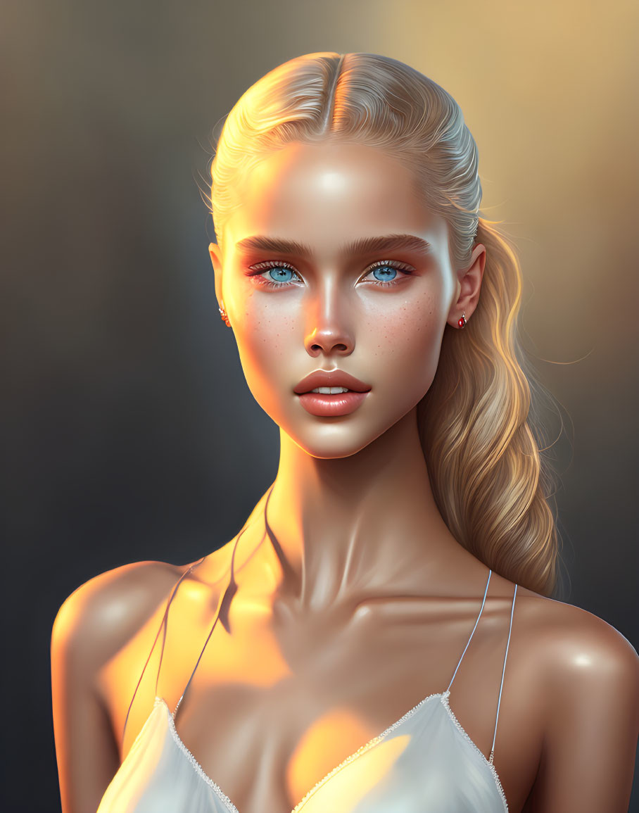 Digital portrait of woman with blue eyes, blonde hair, and freckles