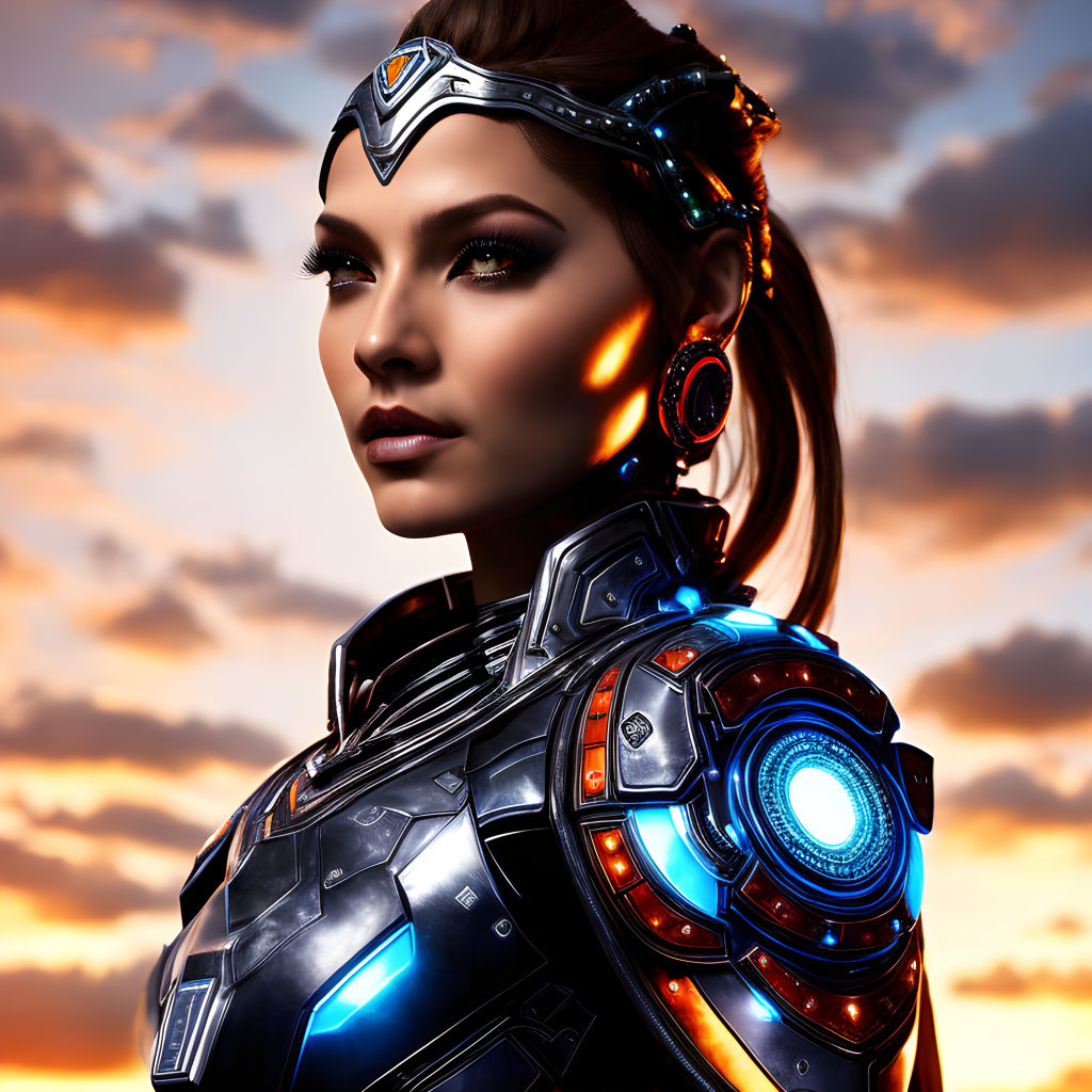 Female Cyborg in Detailed Robotic Armor at Sunset