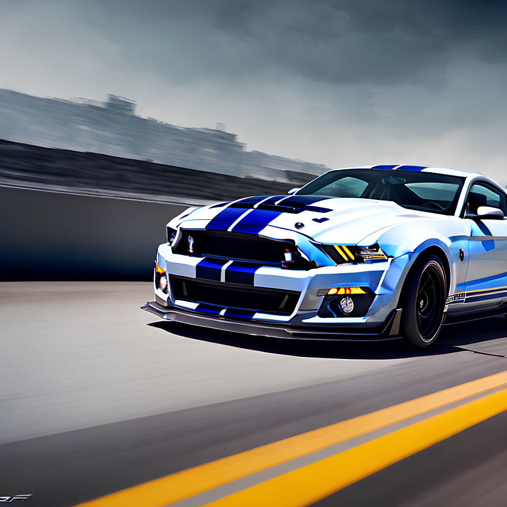 Blue & White Striped Ford Mustang Shelby GT Racing on Track