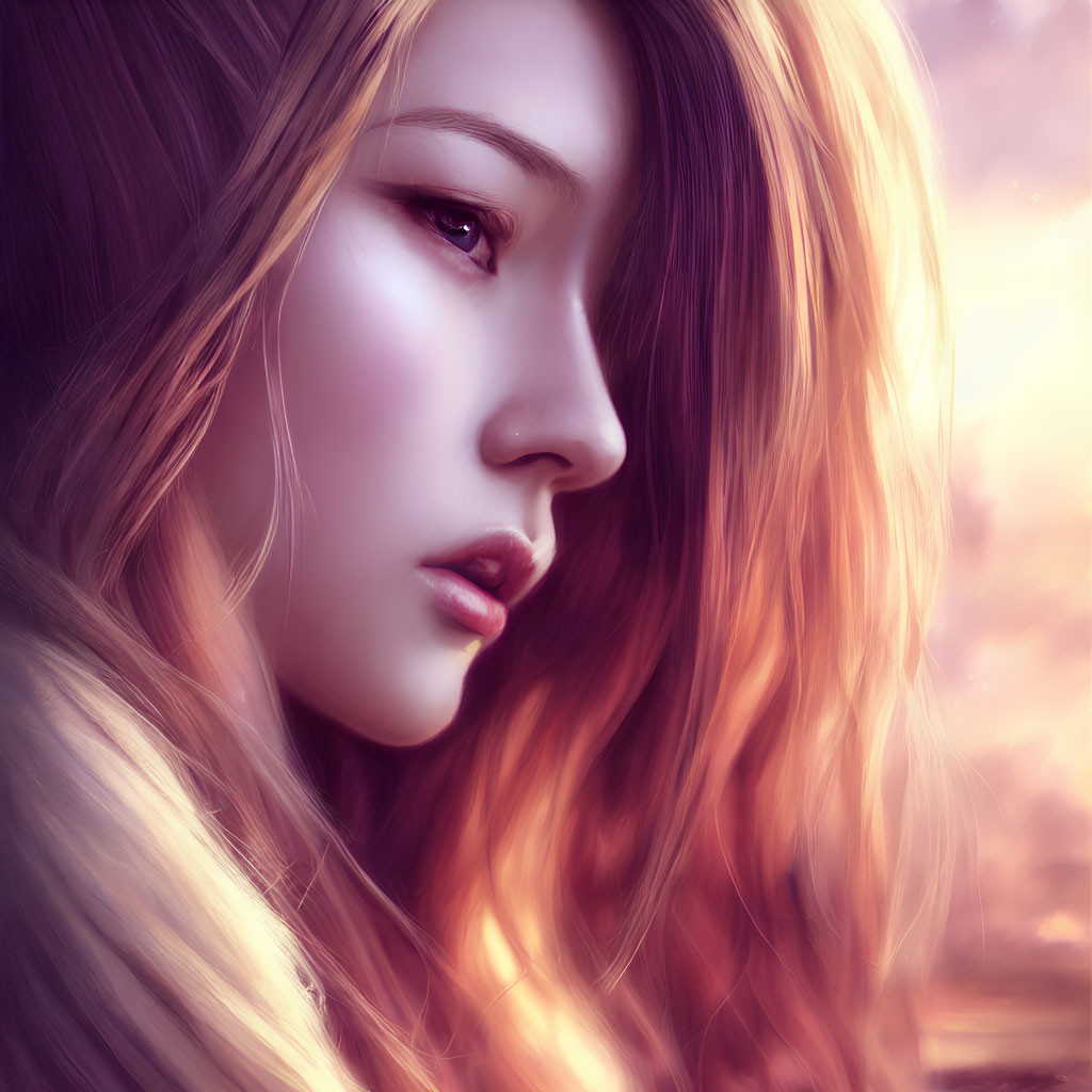 Woman with flowing hair and striking eyes in sunset-tinted digital art