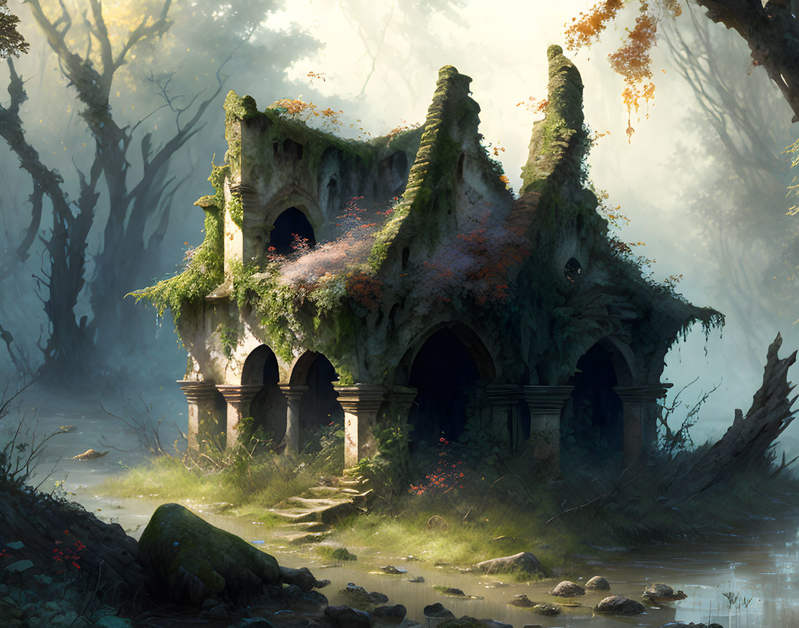 Abandoned ruins in misty forest with overgrown vegetation