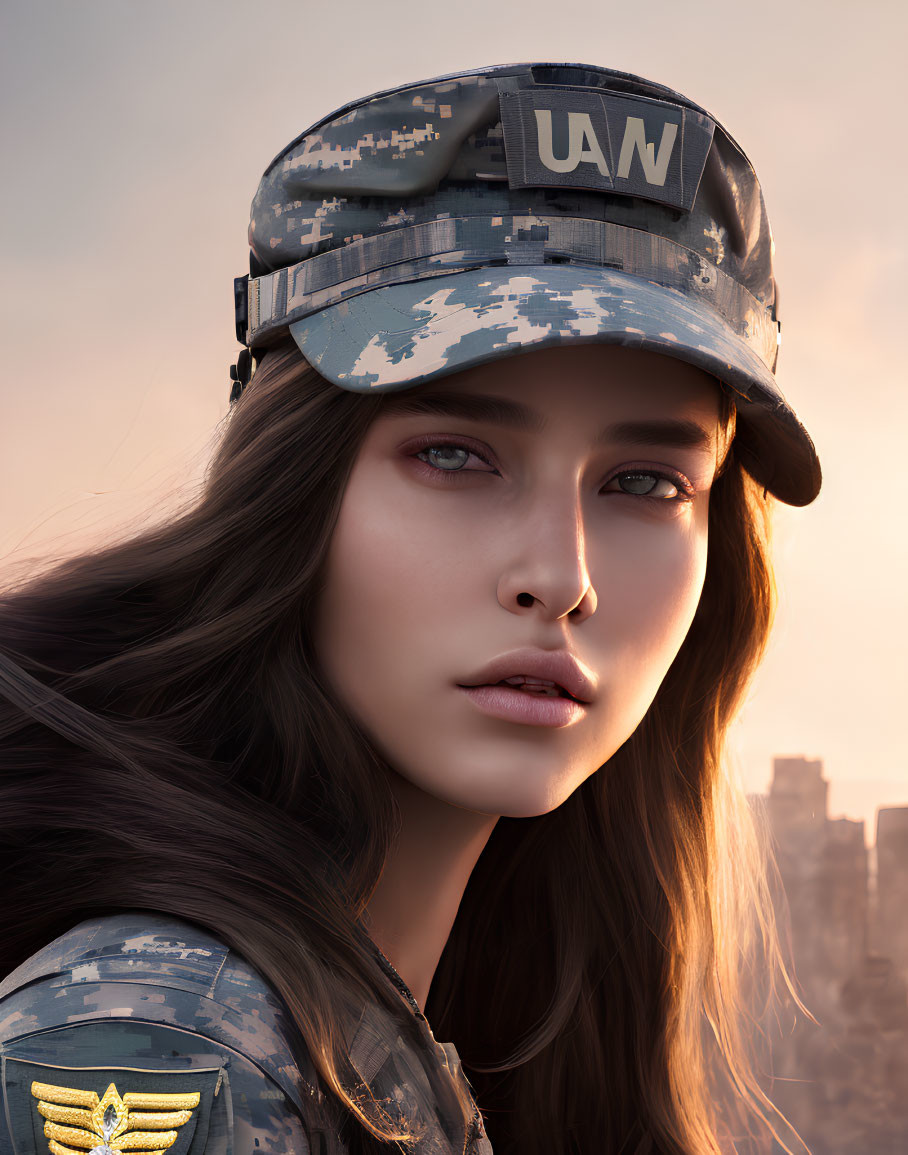 Digital portrait of woman with long brown hair in UAW military cap