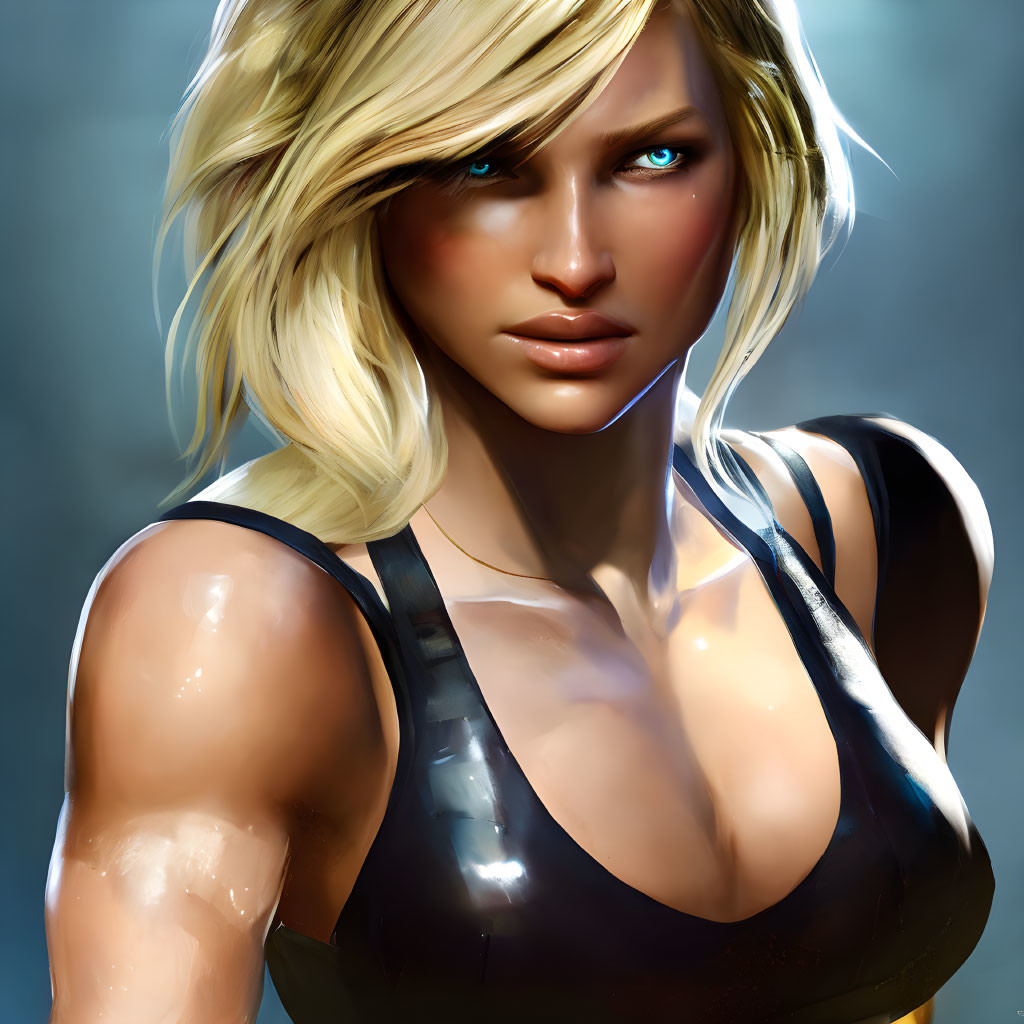 Blonde woman with blue eyes in dark tank top digital art