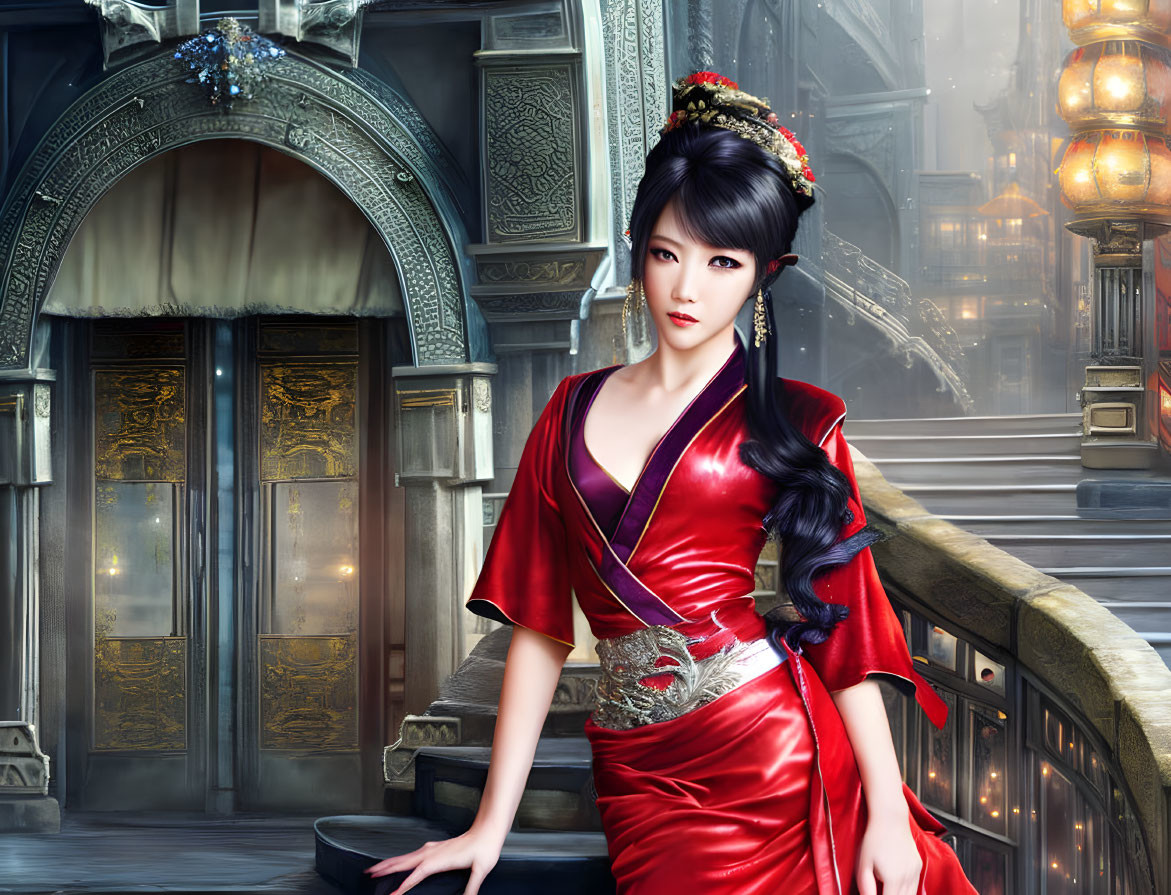 Traditional Asian woman in red dress by opulent staircase