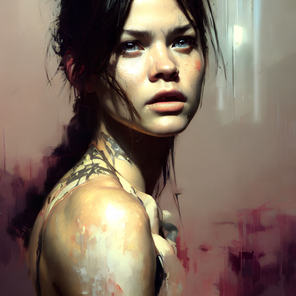 Detailed digital portrait of woman with piercing eyes and shoulder tattoo